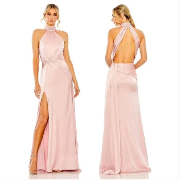 MAC DUGGAL 11642 OPEN BACK HIGH NECK SIDE RUCHED SHELL PINK GOWN sz 10 - Picture 2 of 7